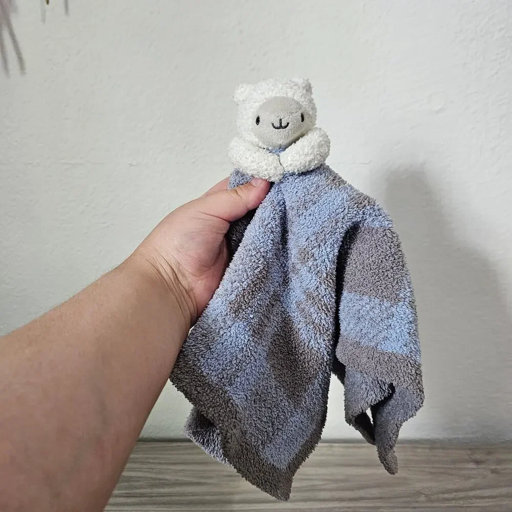 Barefoot Dreams White Sheep Lamb Blue Gray Blanket Plaid Cozychic Security Lovey